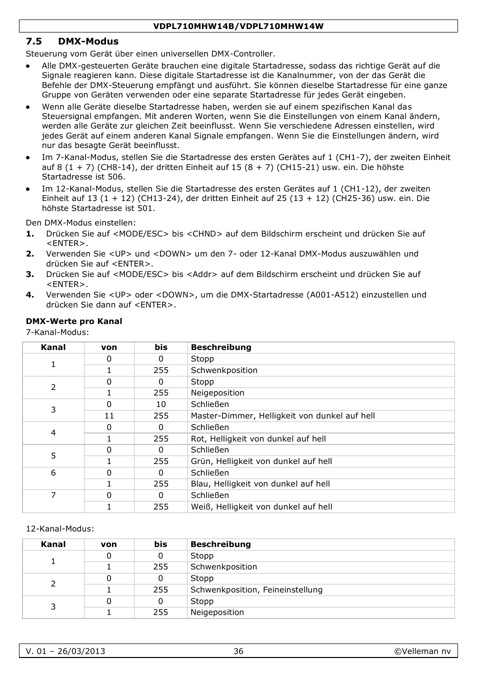 5 dmx-modus, Dmx-werte pro kanal | Velleman VDPL710MHW14x User Manual | Page 36 / 40