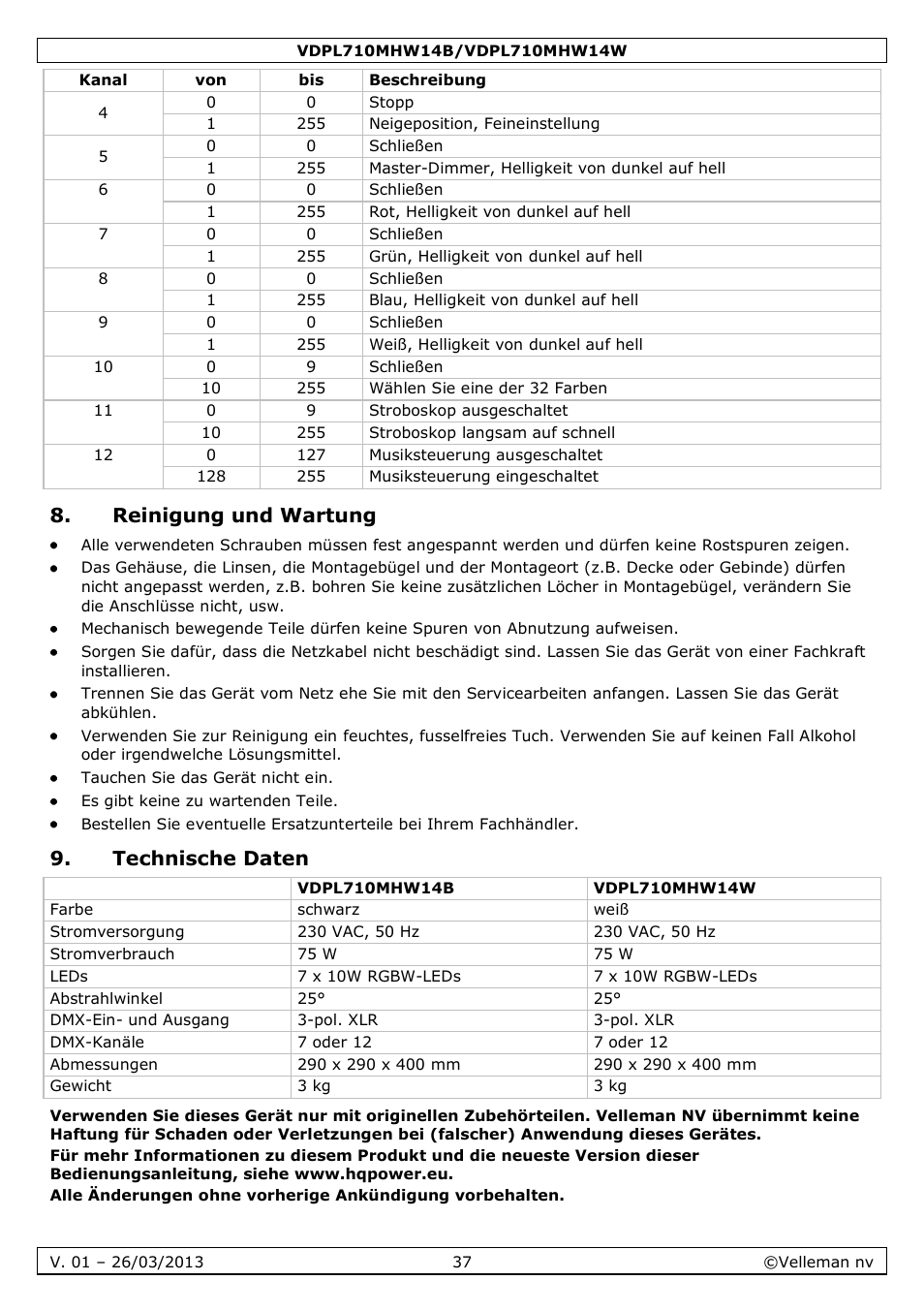 Reinigung und wartung, Technische daten | Velleman VDPL710MHW14x User Manual | Page 37 / 40