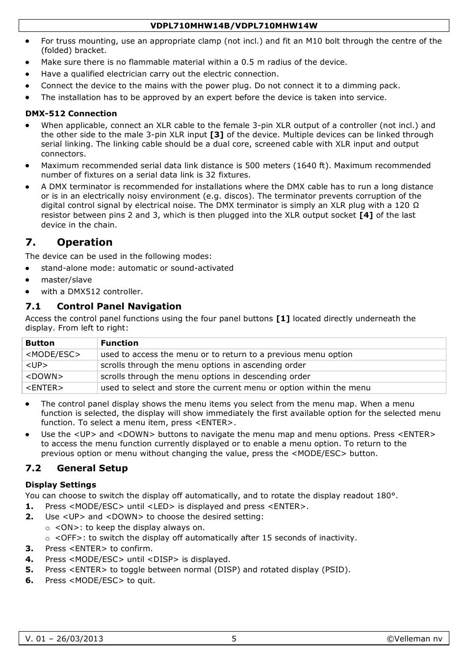 Dmx-512 connection, Operation, 1 control panel navigation | 2 general setup, Display settings | Velleman VDPL710MHW14x User Manual | Page 5 / 40