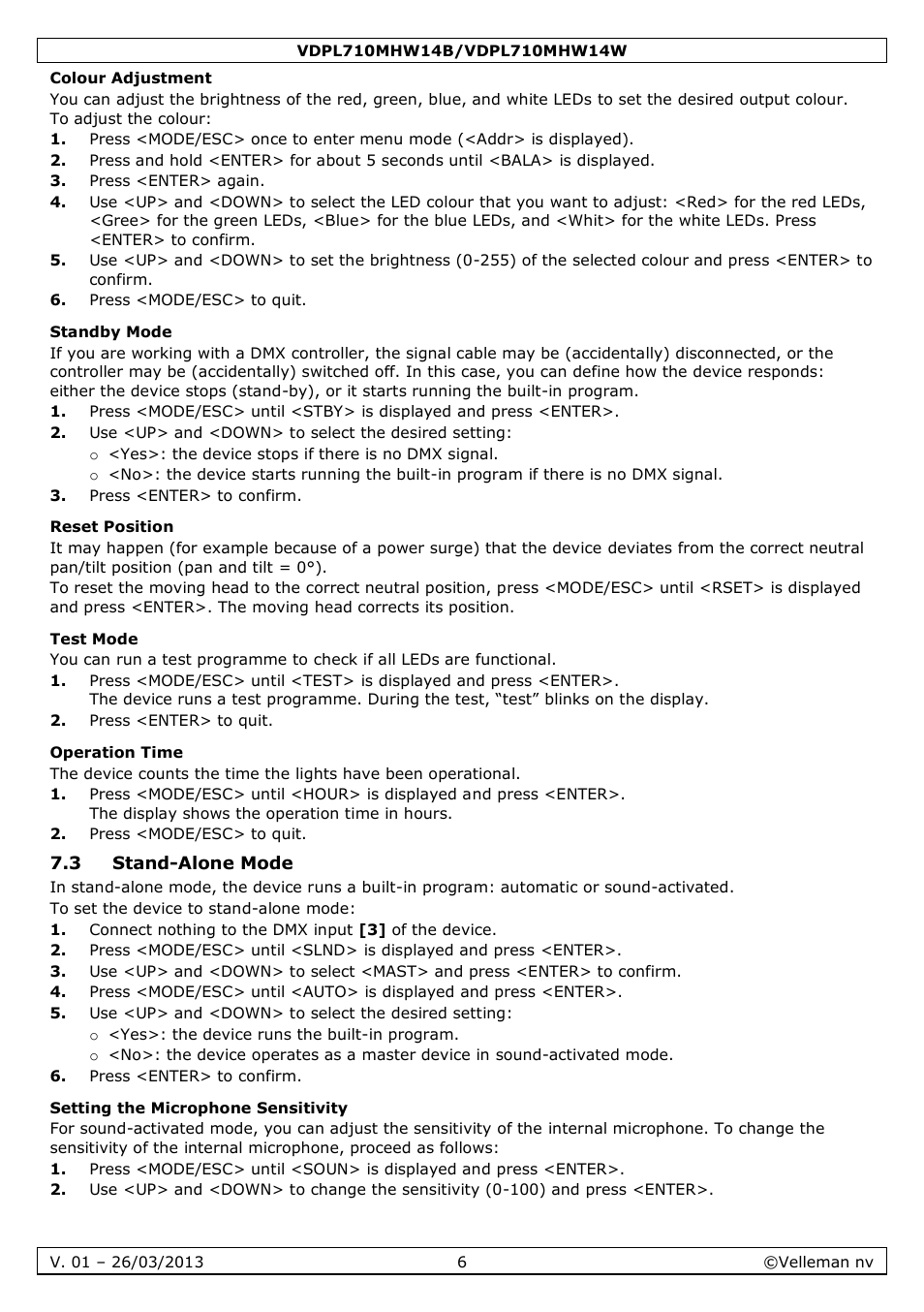 Colour adjustment, Standby mode, Reset position | Test mode, Operation time, 3 stand-alone mode, Setting the microphone sensitivity | Velleman VDPL710MHW14x User Manual | Page 6 / 40