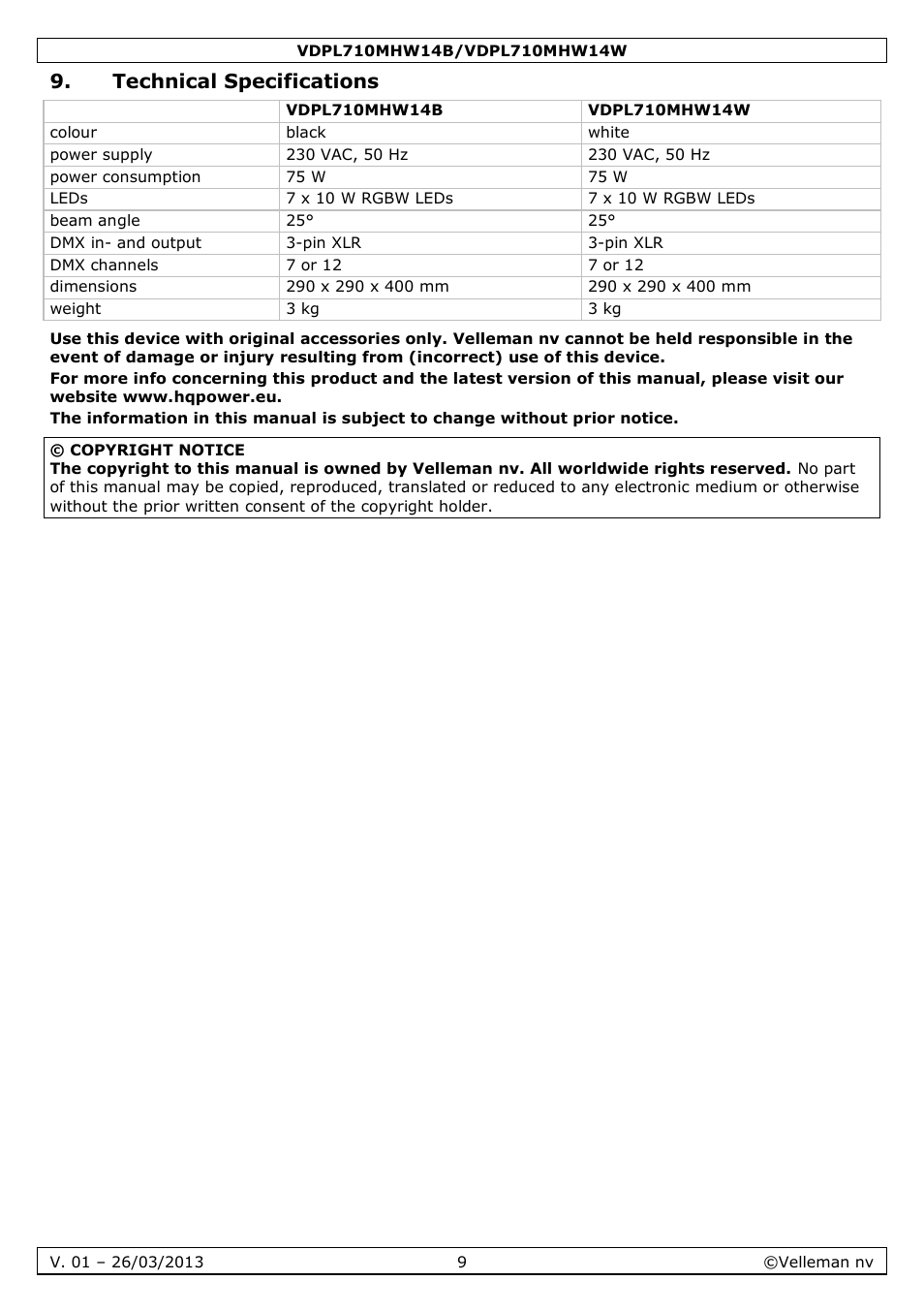 Technical specifications | Velleman VDPL710MHW14x User Manual | Page 9 / 40