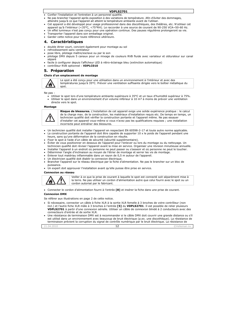 Caractéristiques, Préparation | Velleman VDPLS2701 User Manual | Page 12 / 24