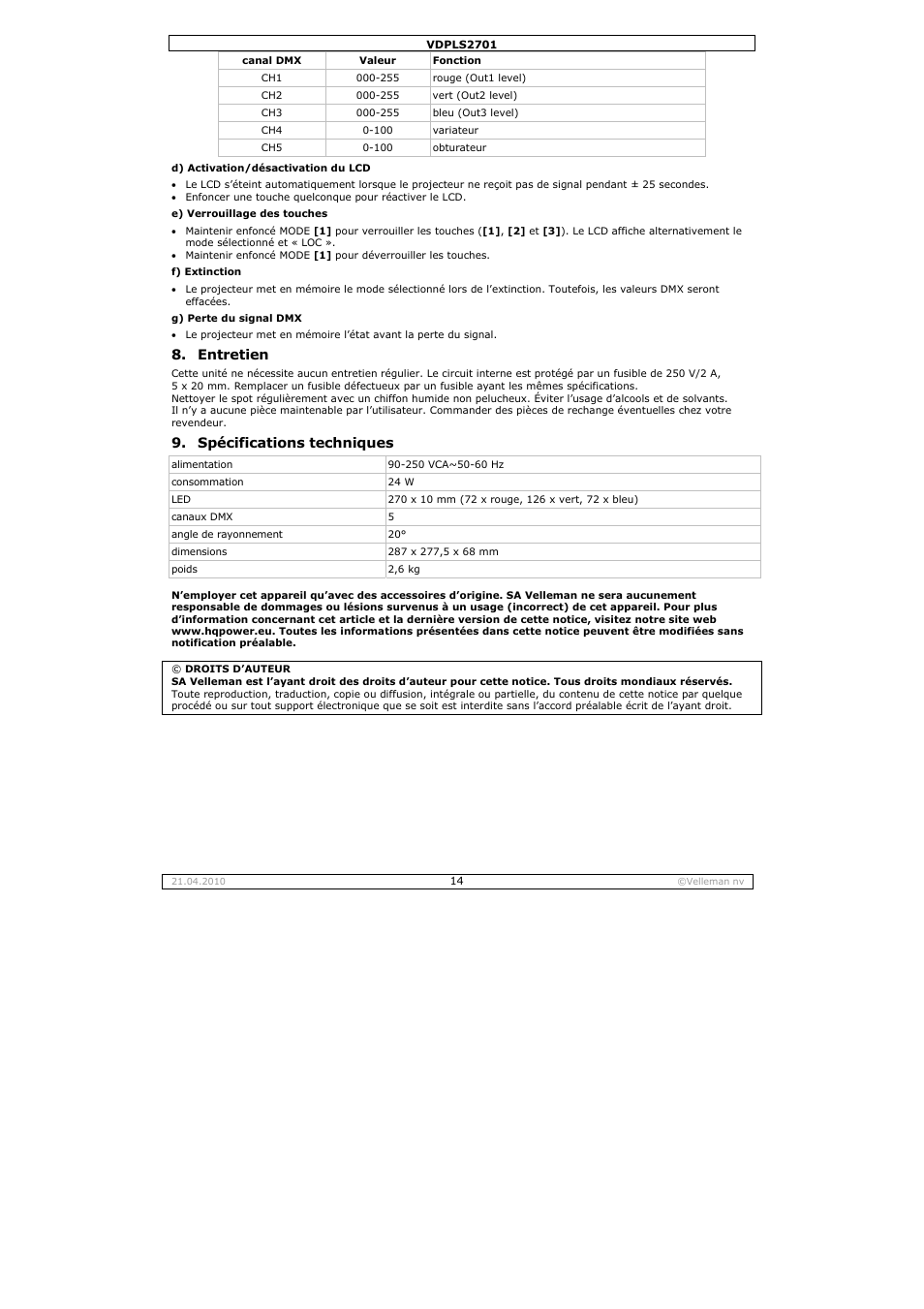 Entretien, Spécifications techniques | Velleman VDPLS2701 User Manual | Page 14 / 24