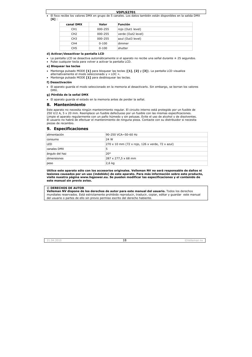 Mantenimiento, Especificaciones | Velleman VDPLS2701 User Manual | Page 18 / 24