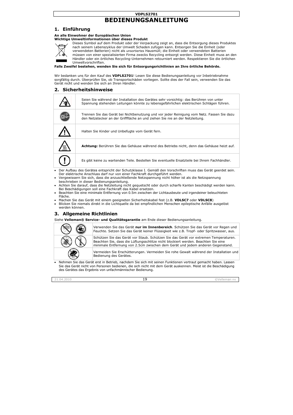 Bedie, Enungs, Anleitu | Allg, Nführung, Cherheitshin, Gemeine ri, Nweise, Chtlinien | Velleman VDPLS2701 User Manual | Page 19 / 24