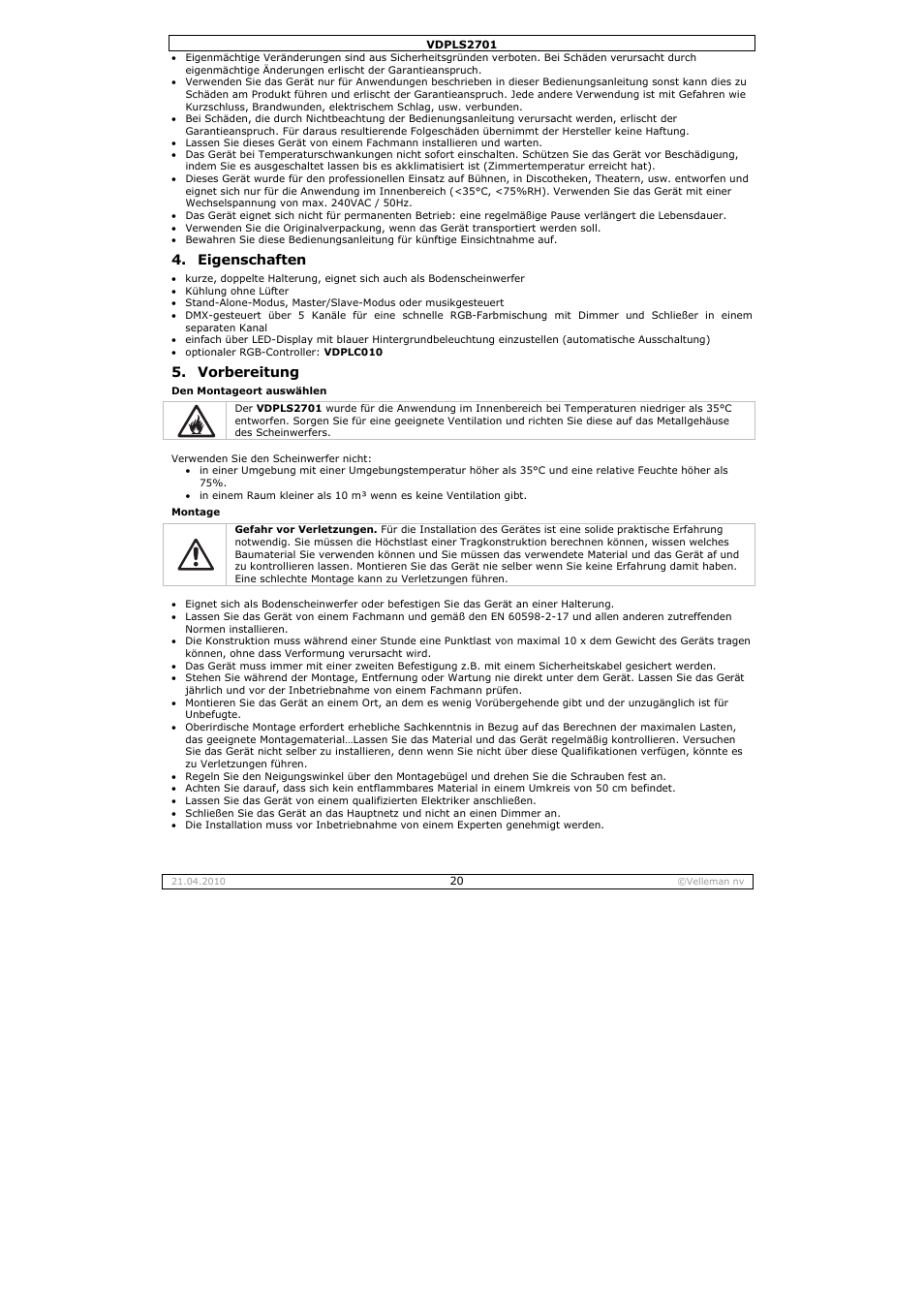 Eigenschaften, Vorbereitung | Velleman VDPLS2701 User Manual | Page 20 / 24