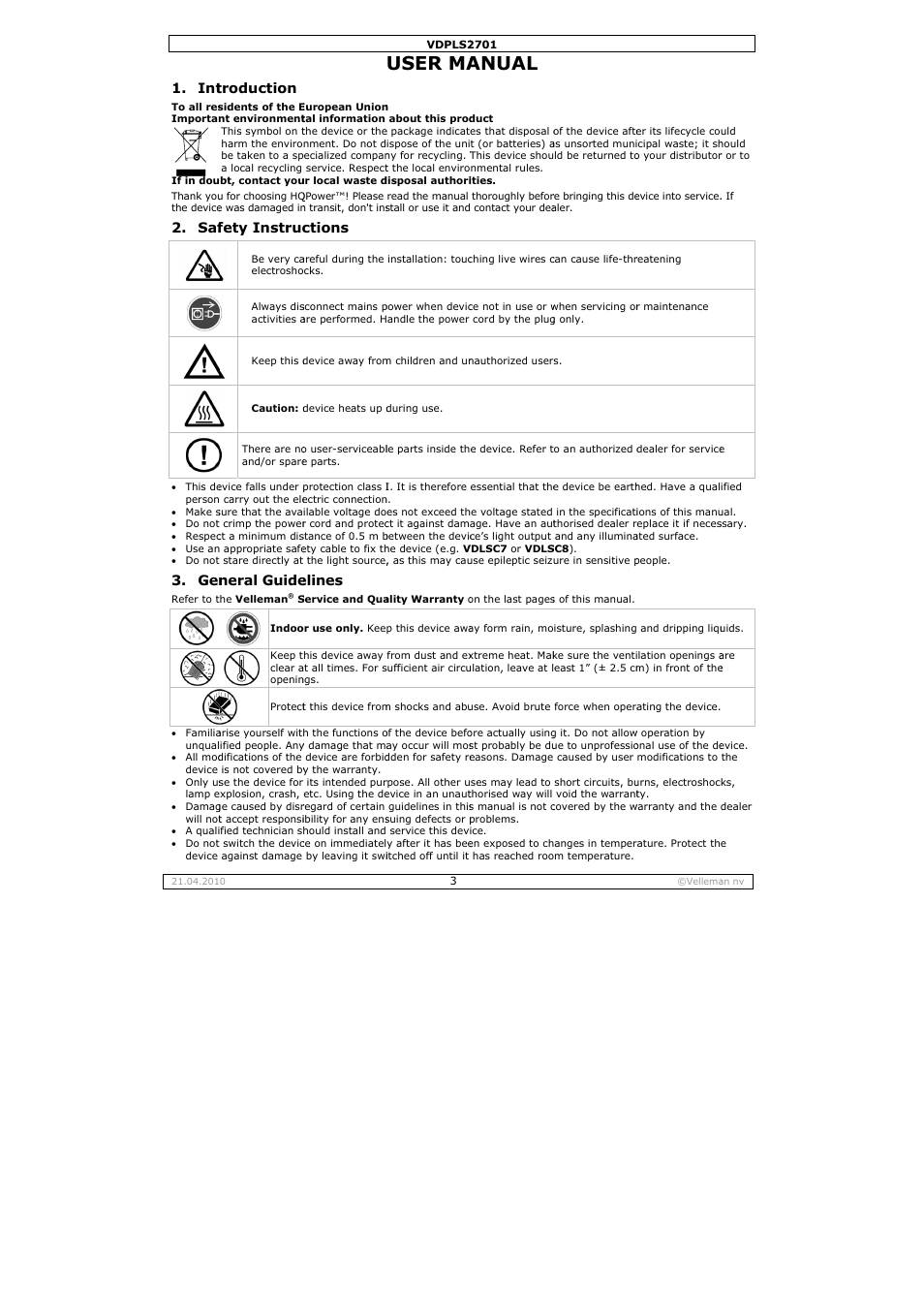 User ma, Anual, Troduction | Fety instruc, Neral guide, Ctions, Elines | Velleman VDPLS2701 User Manual | Page 3 / 24