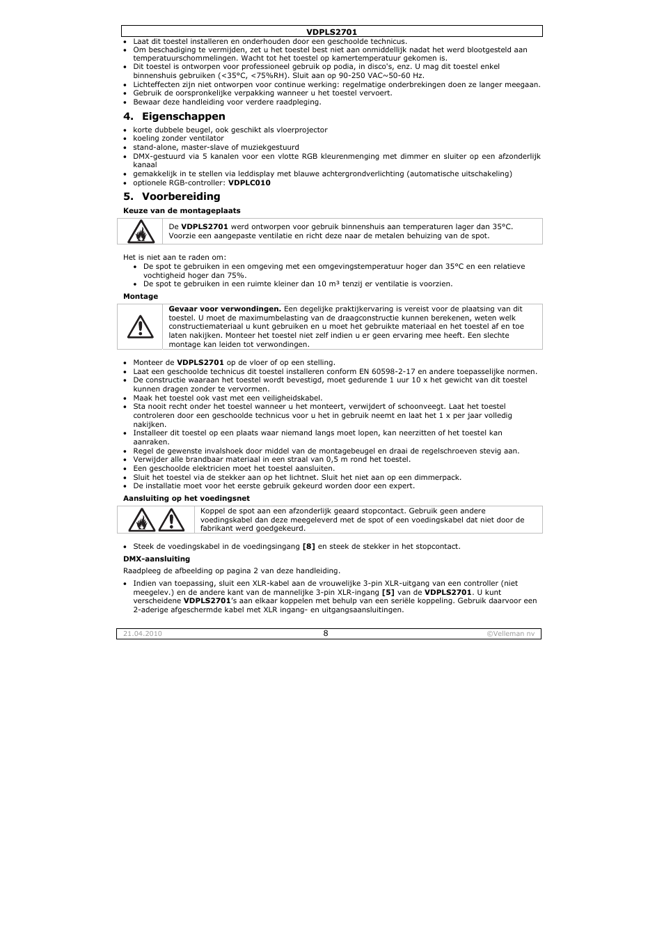 Eigenschappen, Voorbereiding | Velleman VDPLS2701 User Manual | Page 8 / 24