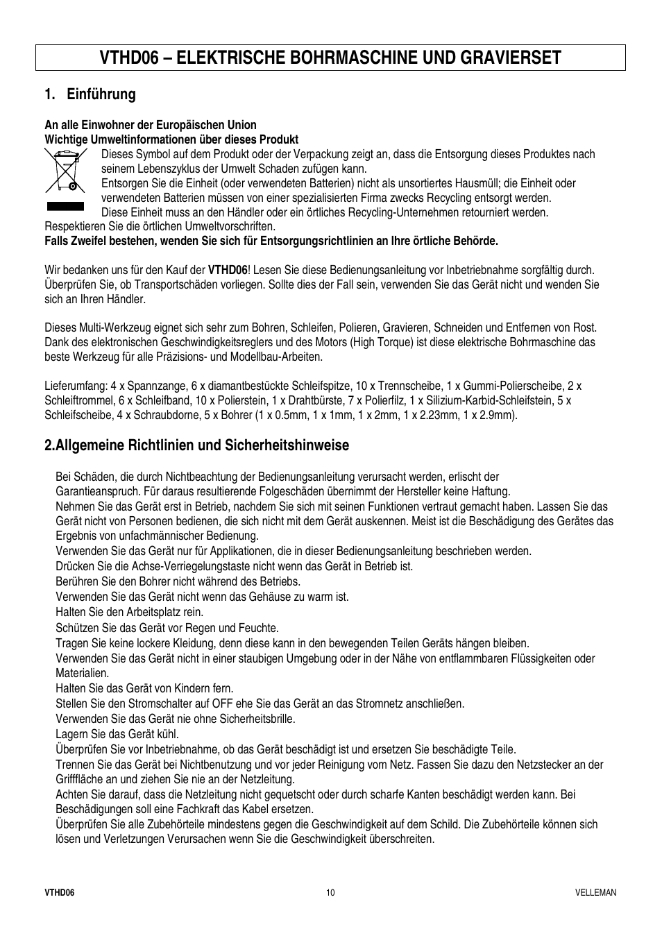 Vthd06 – elektrische bohrmaschine und gravierset, Einführung, Allgemeine richtlinien und sicherheitshinweise | Velleman VTHD06 User Manual | Page 10 / 11