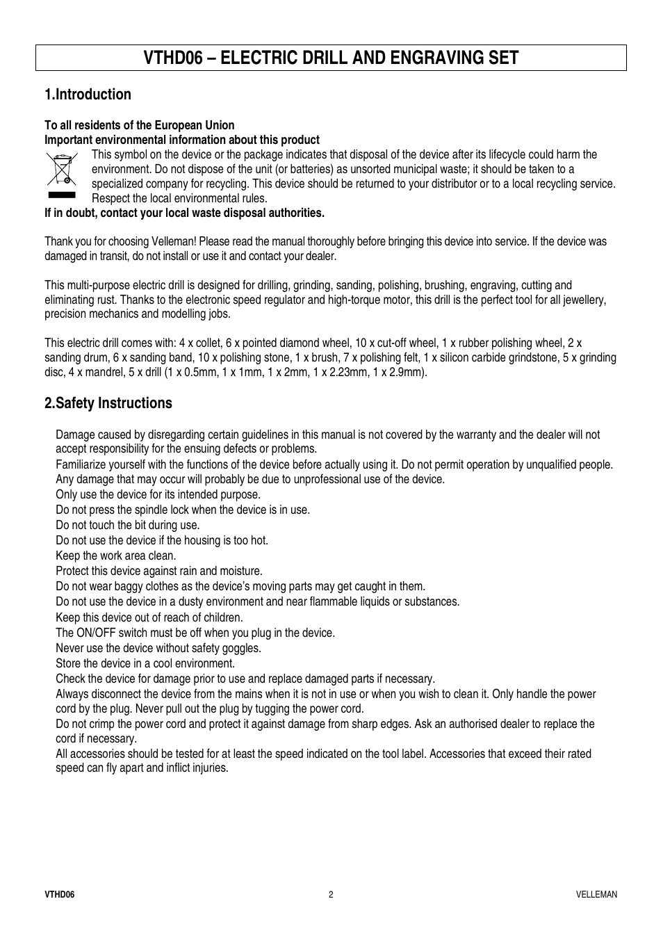 Vthd06 – electric drill and engraving set, Introduction, Safety instructions | Velleman VTHD06 User Manual | Page 2 / 11