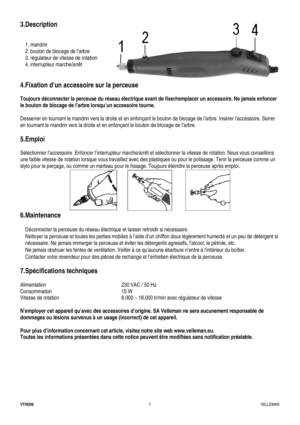 Description, Fixation d’un accessoire sur la perceuse, Emploi | Maintenance, Spécifications techniques | Velleman VTHD06 User Manual | Page 7 / 11