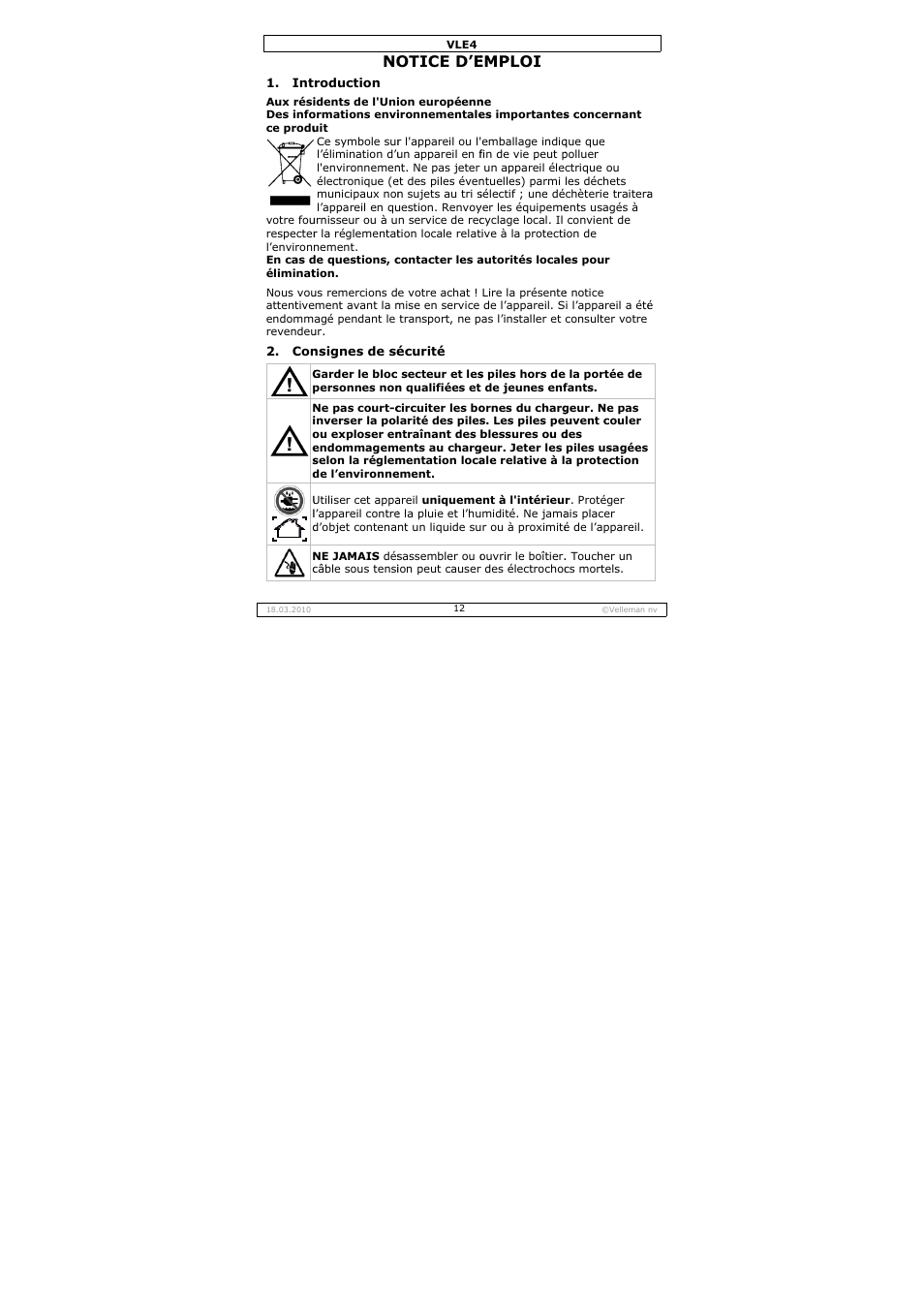 Otice d’e, Emploi | Velleman VLE4 User Manual | Page 12 / 27
