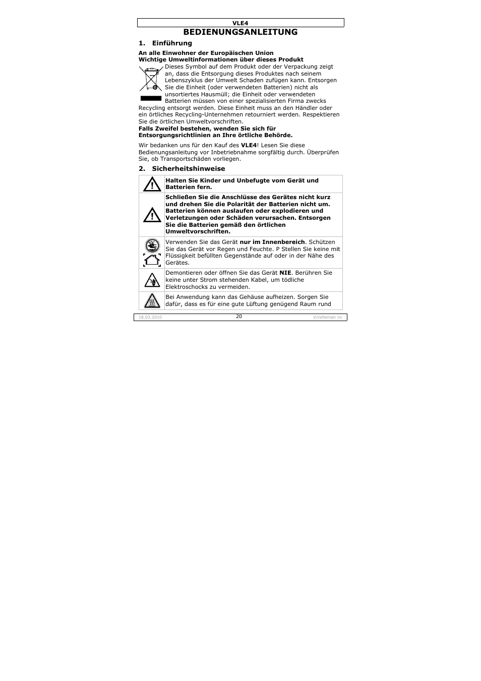 Bedie, Enungsa, Nleitung | Velleman VLE4 User Manual | Page 20 / 27