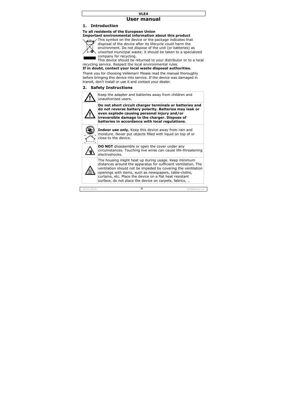 User man, Nual | Velleman VLE4 User Manual | Page 4 / 27