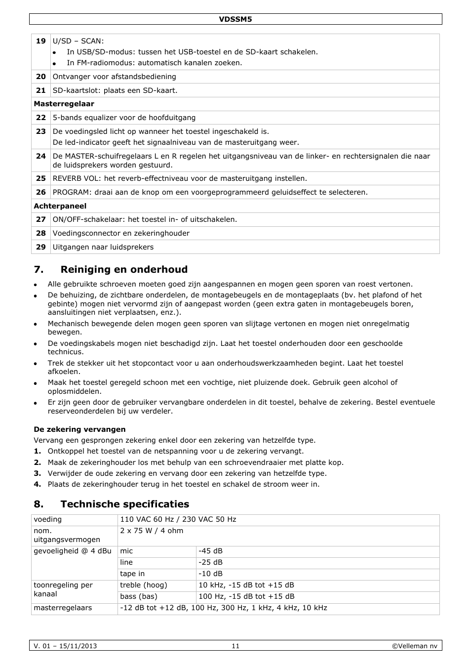 Reiniging en onderhoud, De zekering vervangen, Technische specificaties | Velleman VDSSM5 User Manual | Page 11 / 28