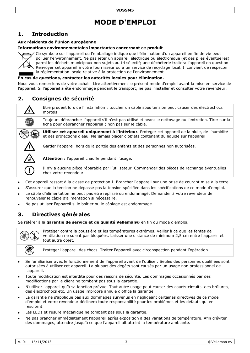 Mode d'emploi, Introduction, Consignes de sécurité | Directives générales | Velleman VDSSM5 User Manual | Page 13 / 28