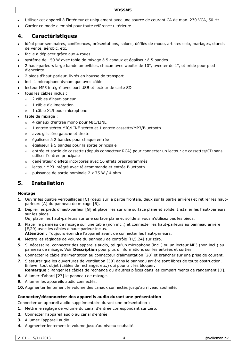 Caractéristiques, Installation, Montage | Velleman VDSSM5 User Manual | Page 14 / 28