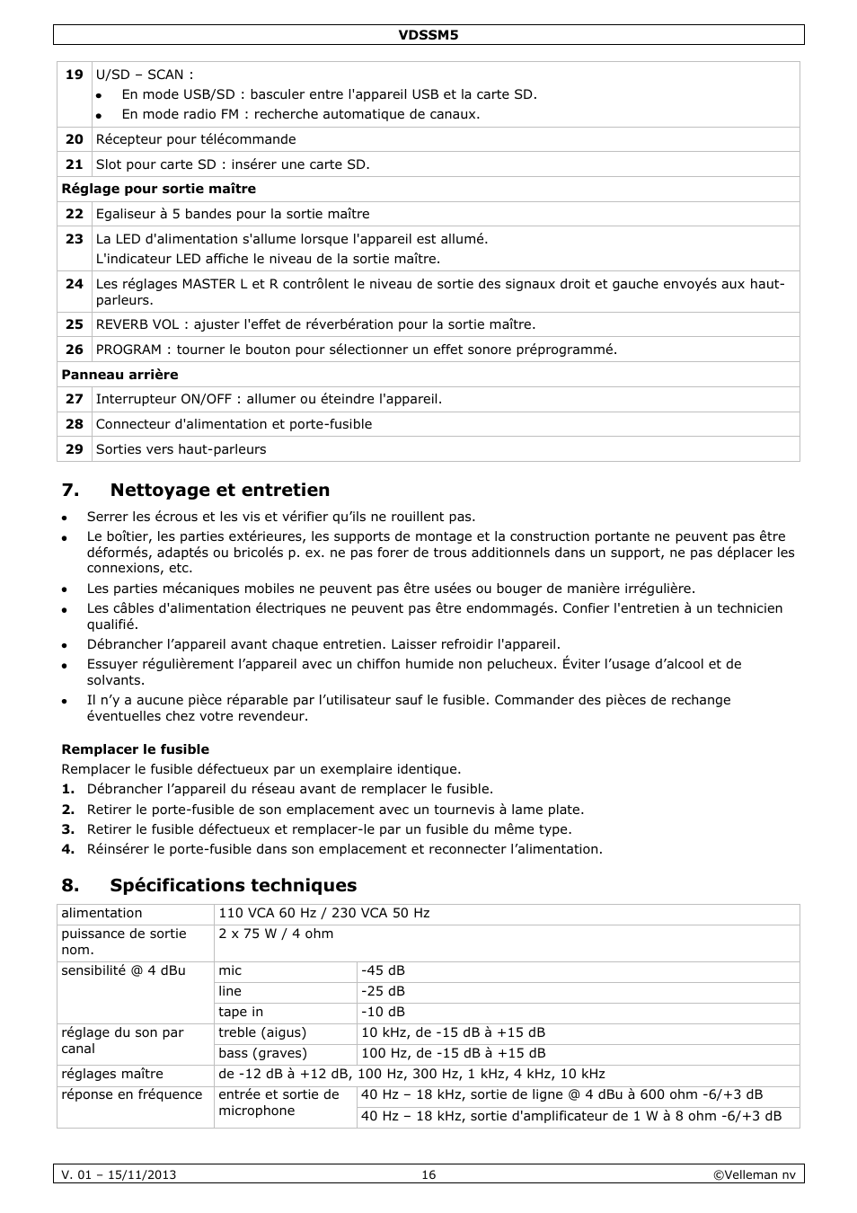 Nettoyage et entretien, Remplacer le fusible, Spécifications techniques | Velleman VDSSM5 User Manual | Page 16 / 28