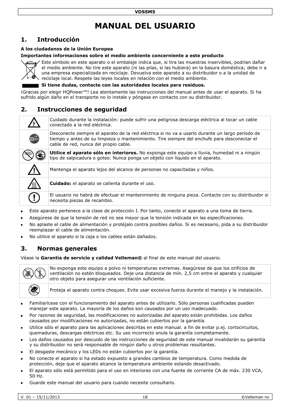 Manual del usuario, Introducción, Instrucciones de seguridad | Normas generales | Velleman VDSSM5 User Manual | Page 18 / 28