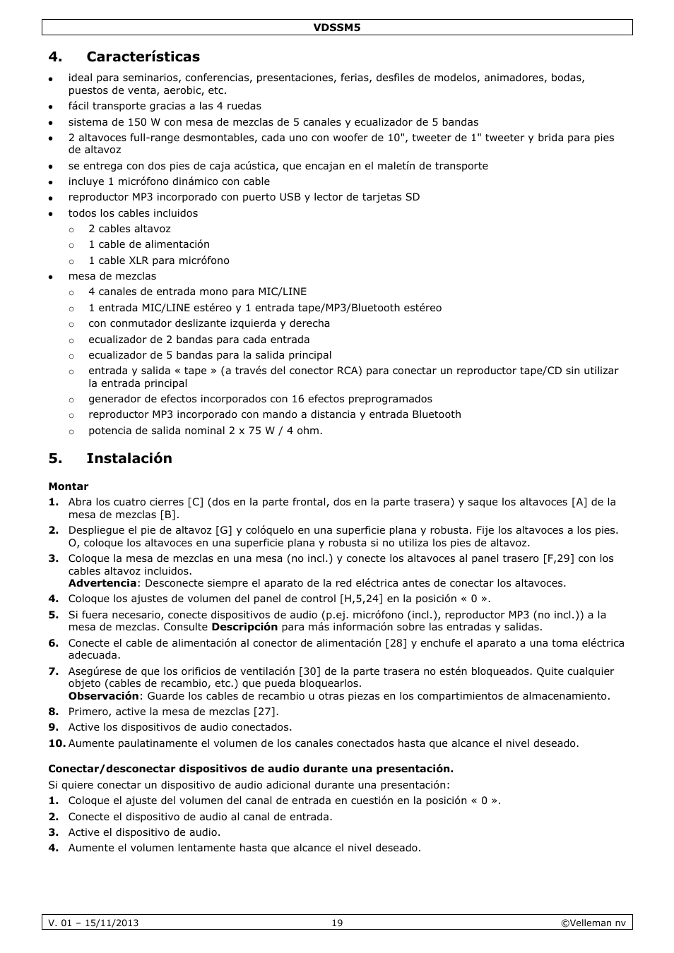 Características, Instalación, Montar | Velleman VDSSM5 User Manual | Page 19 / 28