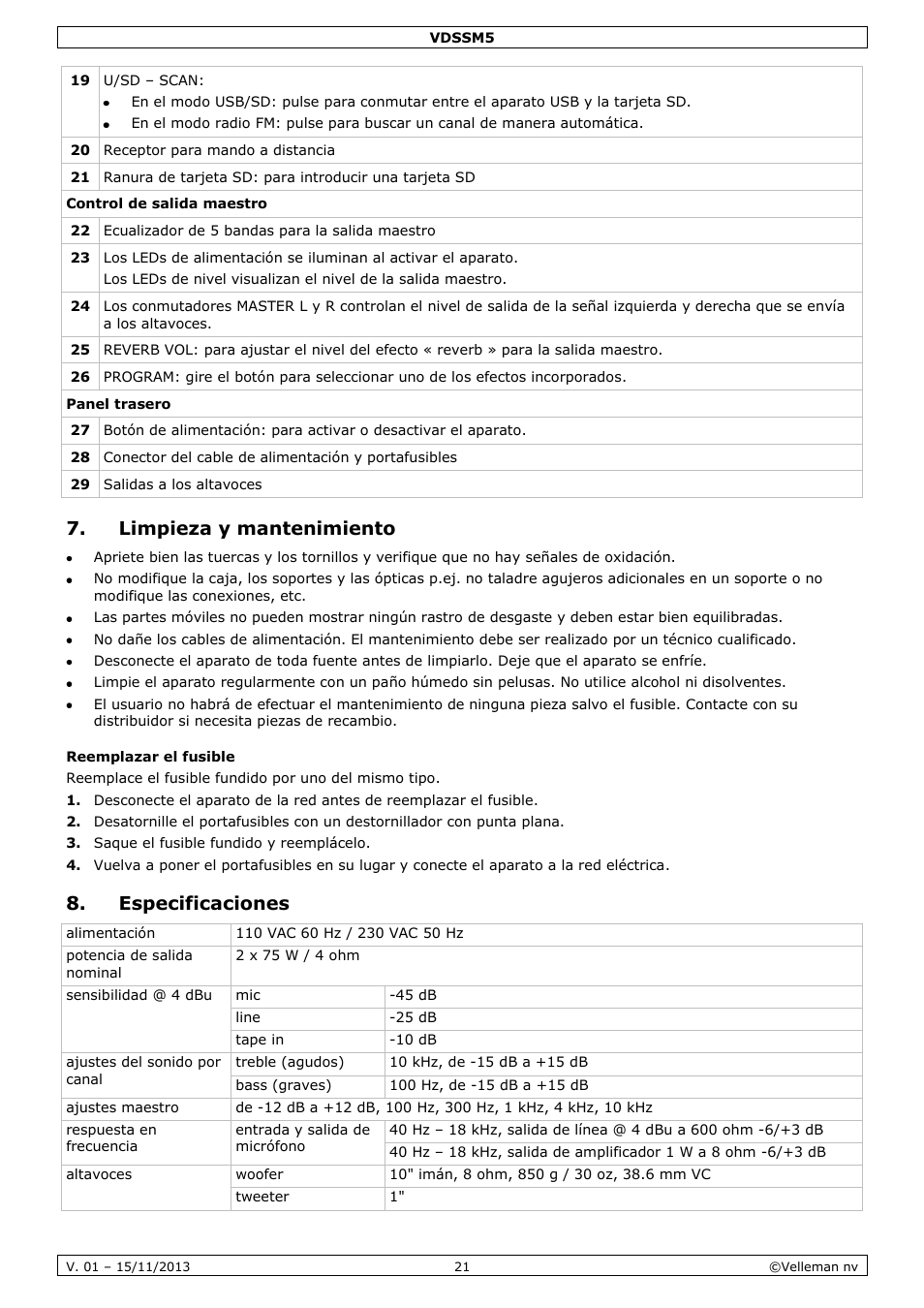 Limpieza y mantenimiento, Reemplazar el fusible, Especificaciones | Velleman VDSSM5 User Manual | Page 21 / 28