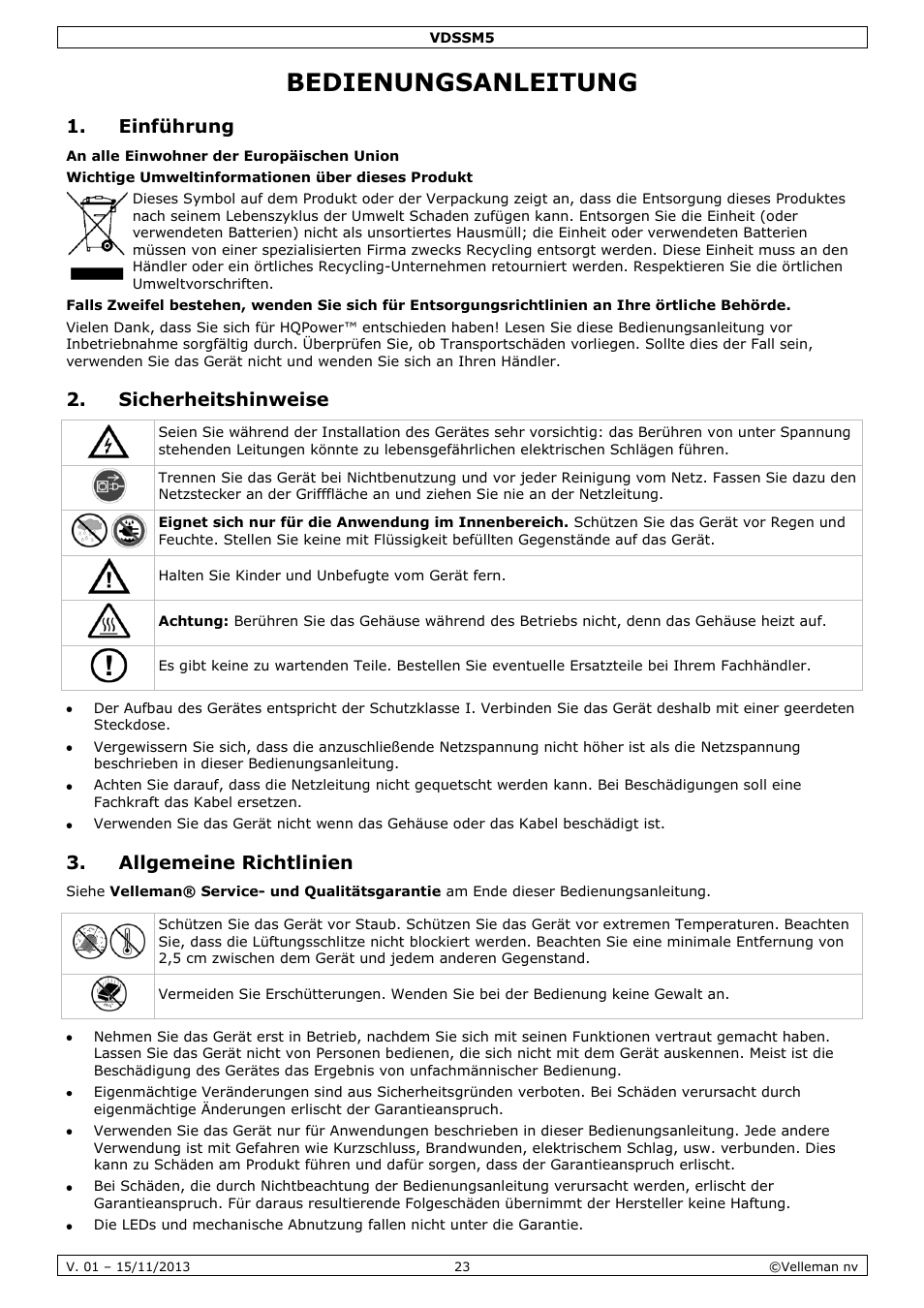 Bedienungsanleitung, Einführung, Sicherheitshinweise | Allgemeine richtlinien | Velleman VDSSM5 User Manual | Page 23 / 28