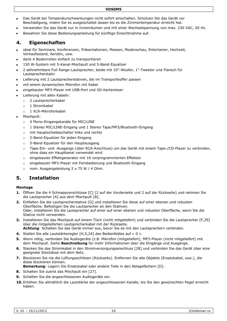 Eigenschaften, Installation, Montage | Velleman VDSSM5 User Manual | Page 24 / 28