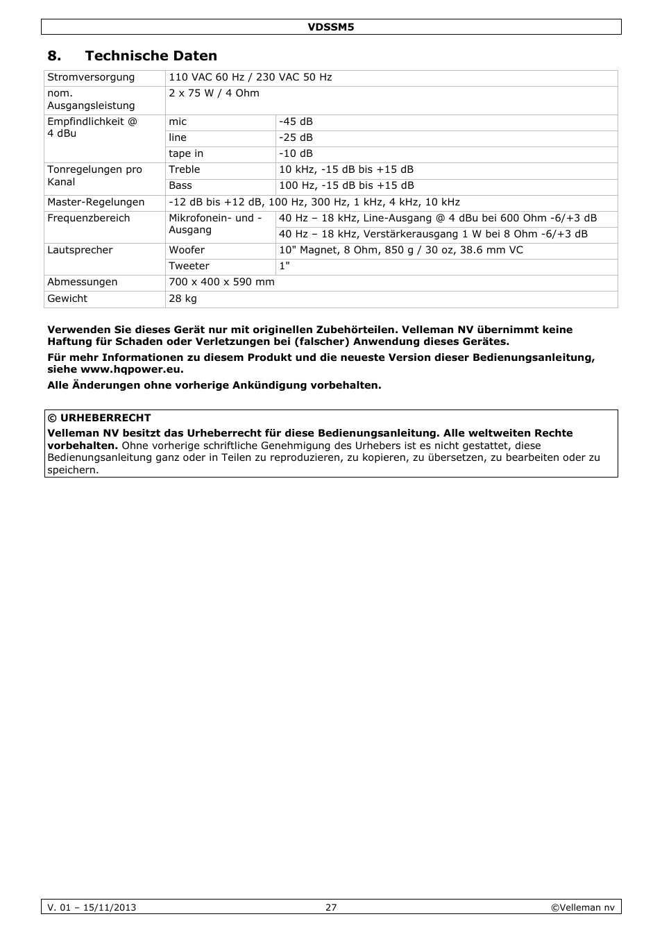 Technische daten | Velleman VDSSM5 User Manual | Page 27 / 28