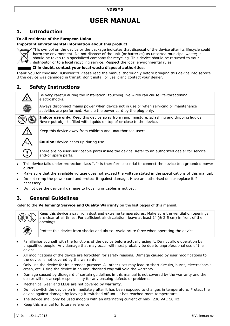 User manual, Introduction, Safety instructions | General guidelines | Velleman VDSSM5 User Manual | Page 3 / 28