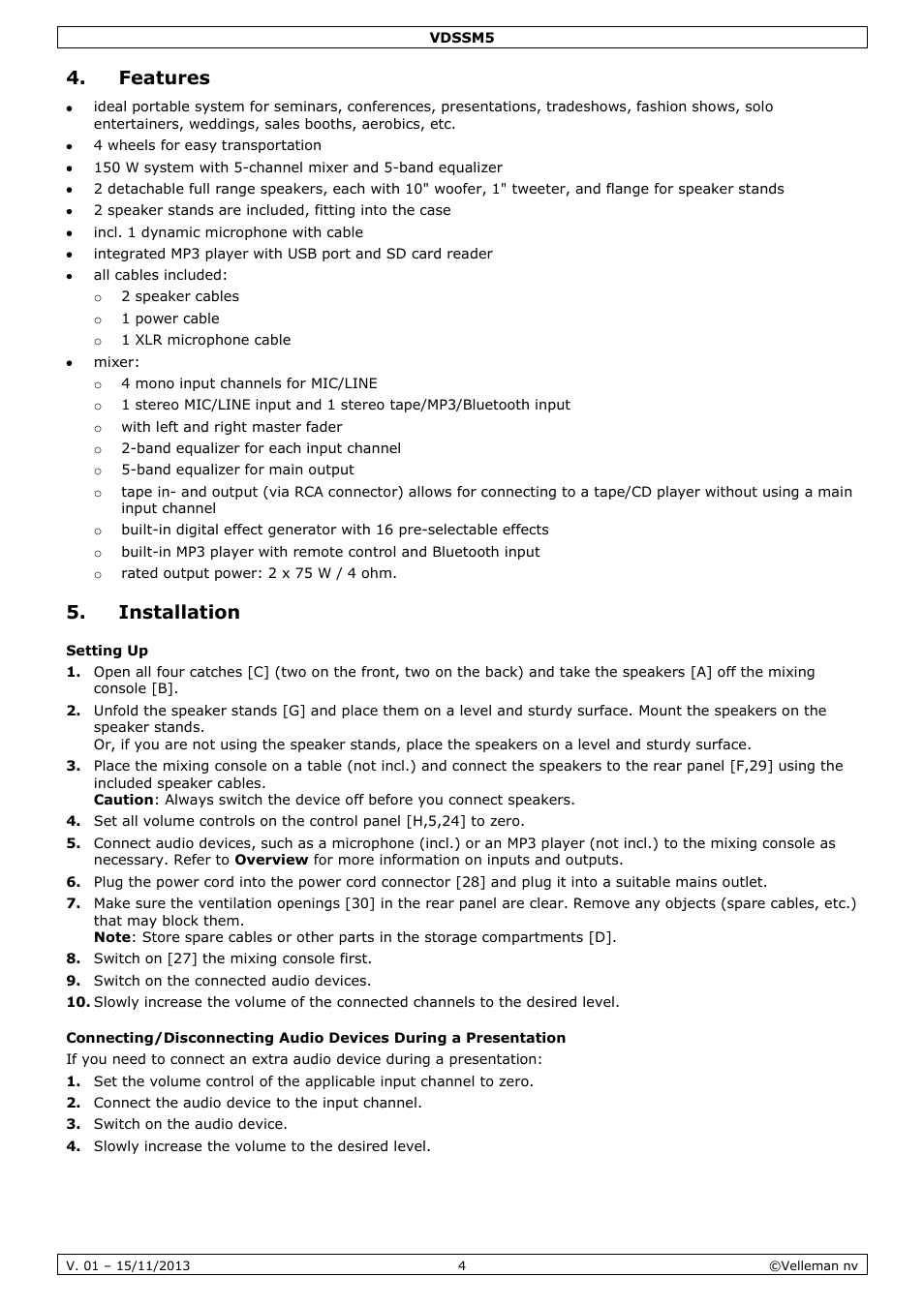 Features, Installation, Setting up | Velleman VDSSM5 User Manual | Page 4 / 28