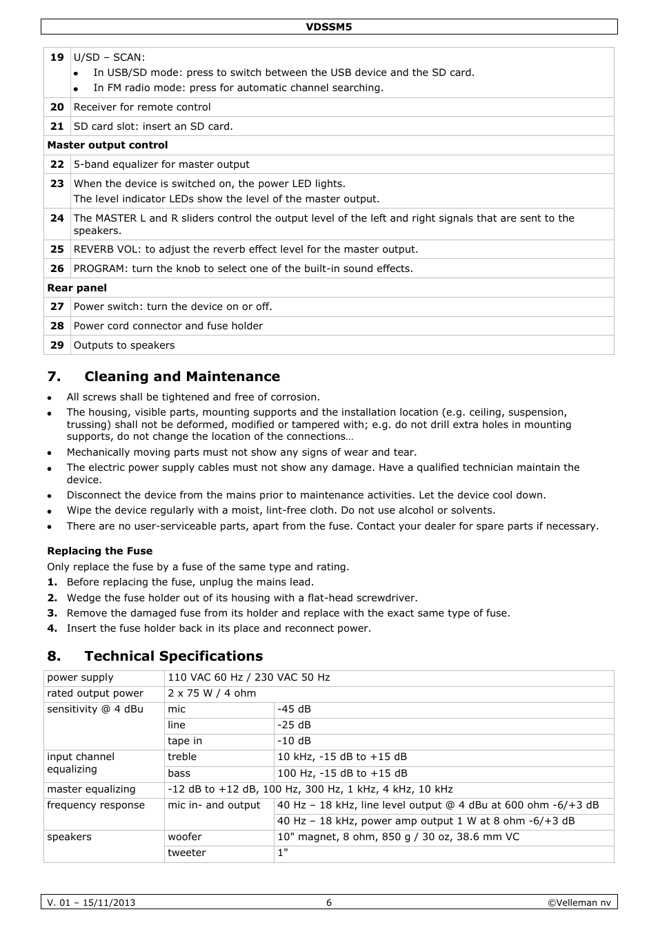 Cleaning and maintenance, Replacing the fuse, Technical specifications | Velleman VDSSM5 User Manual | Page 6 / 28