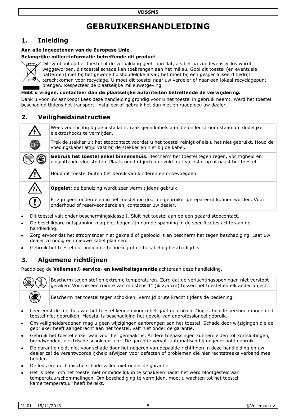 Gebruikershandleiding, Inleiding, Veiligheidsinstructies | Algemene richtlijnen | Velleman VDSSM5 User Manual | Page 8 / 28