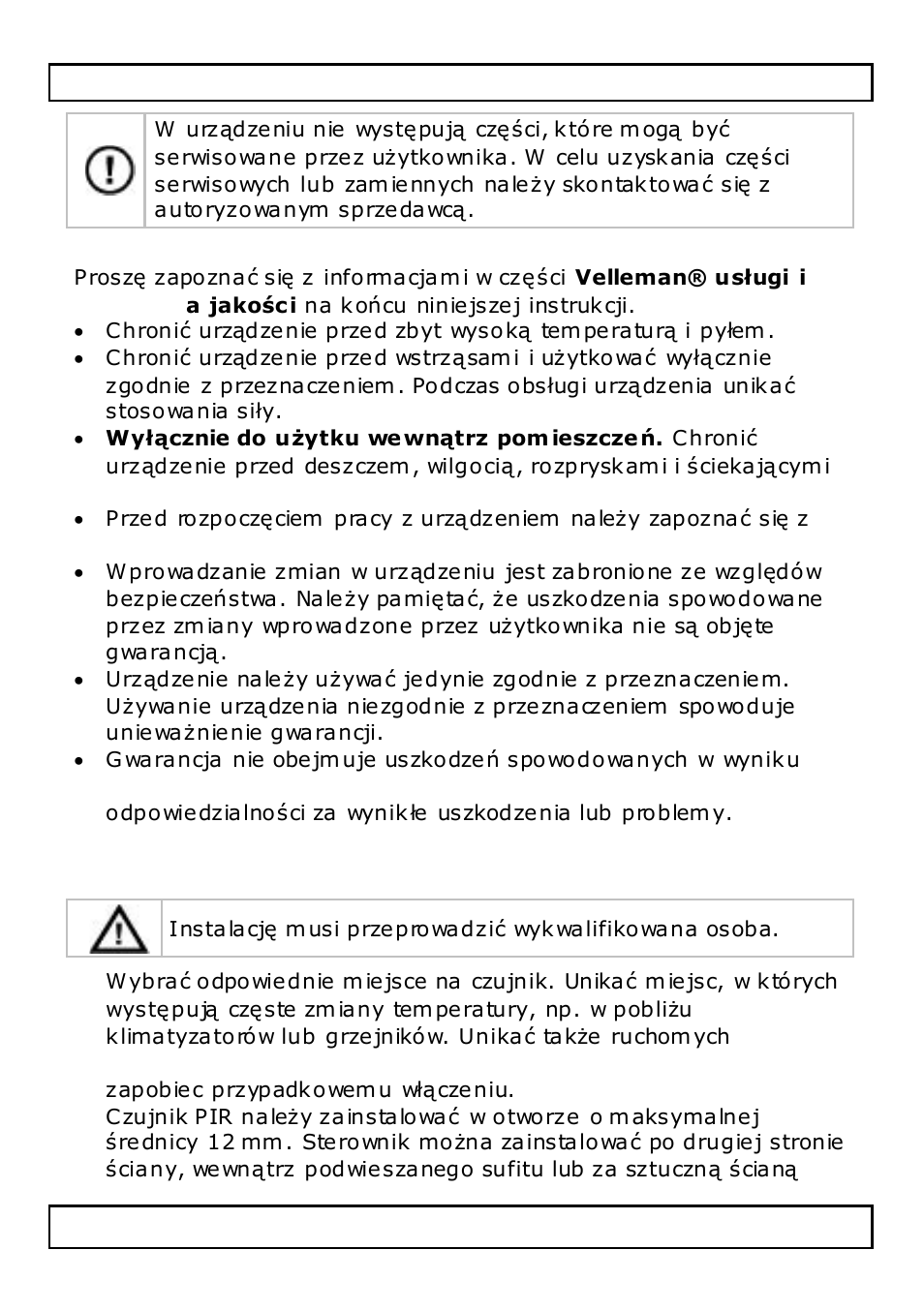 Informacje ogólne, Instalacja | Velleman PIR416 User Manual | Page 24 / 33