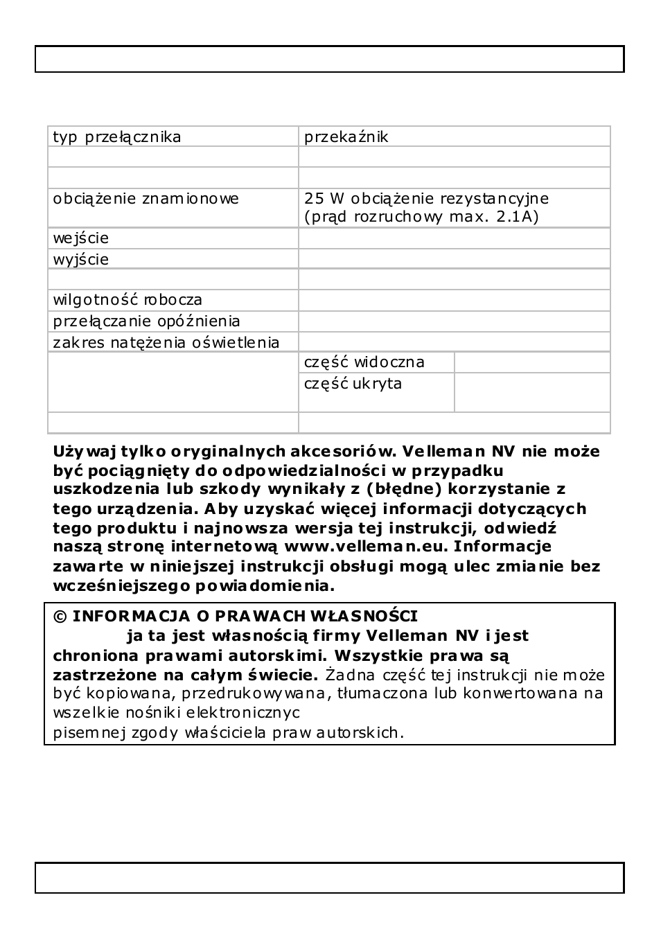 Specyfikacja techniczna | Velleman PIR416 User Manual | Page 26 / 33