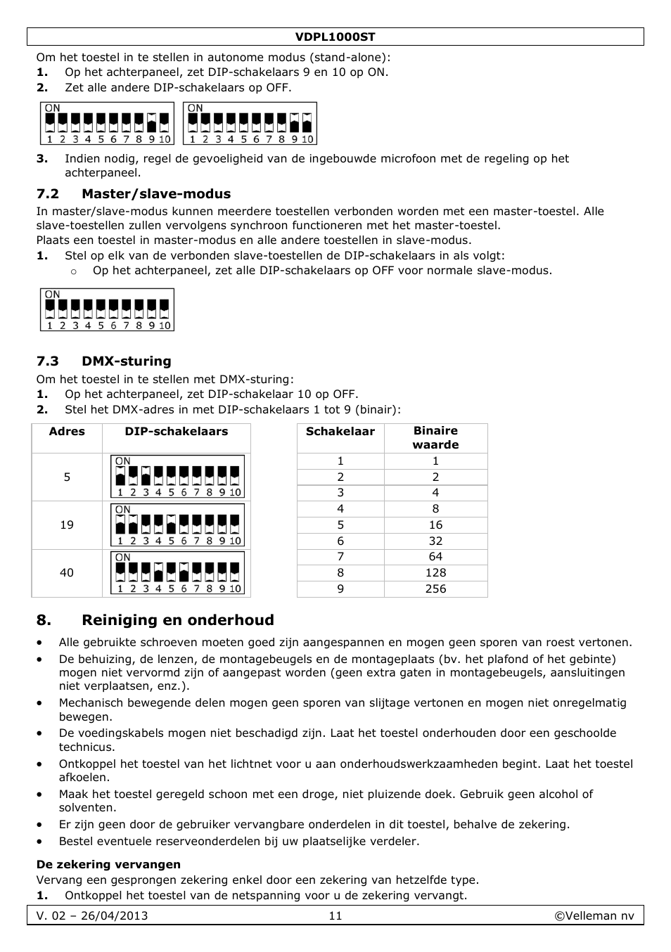 2 master/slave-modus, 3 dmx-sturing, Reiniging en onderhoud | De zekering vervangen | Velleman VDPL1000ST User Manual | Page 11 / 29