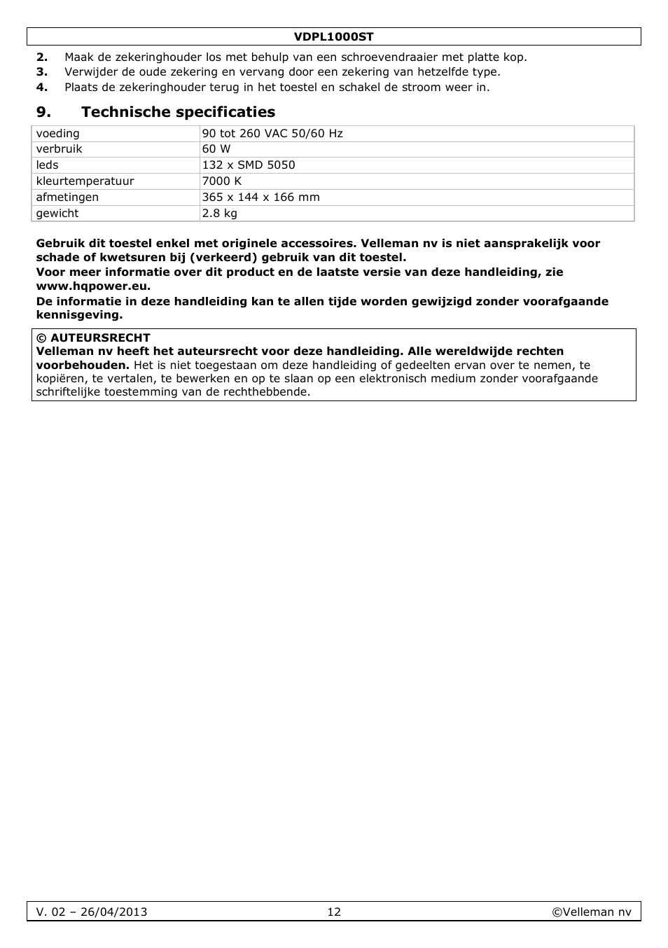 Technische specificaties | Velleman VDPL1000ST User Manual | Page 12 / 29