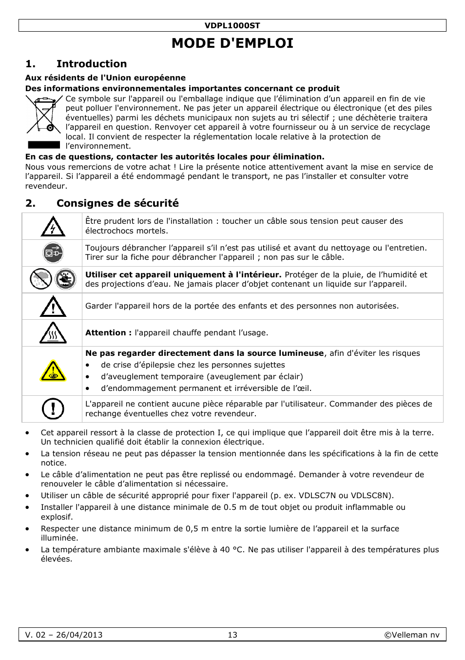 Mode d'emploi, Introduction, Consignes de sécurité | Velleman VDPL1000ST User Manual | Page 13 / 29