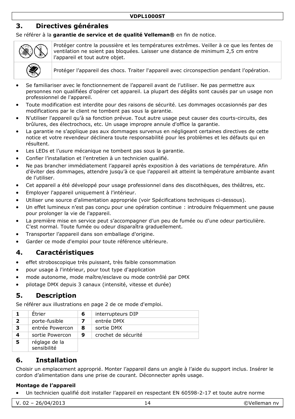 Directives générales, Caractéristiques, Description | Installation, Montage de l’appareil | Velleman VDPL1000ST User Manual | Page 14 / 29
