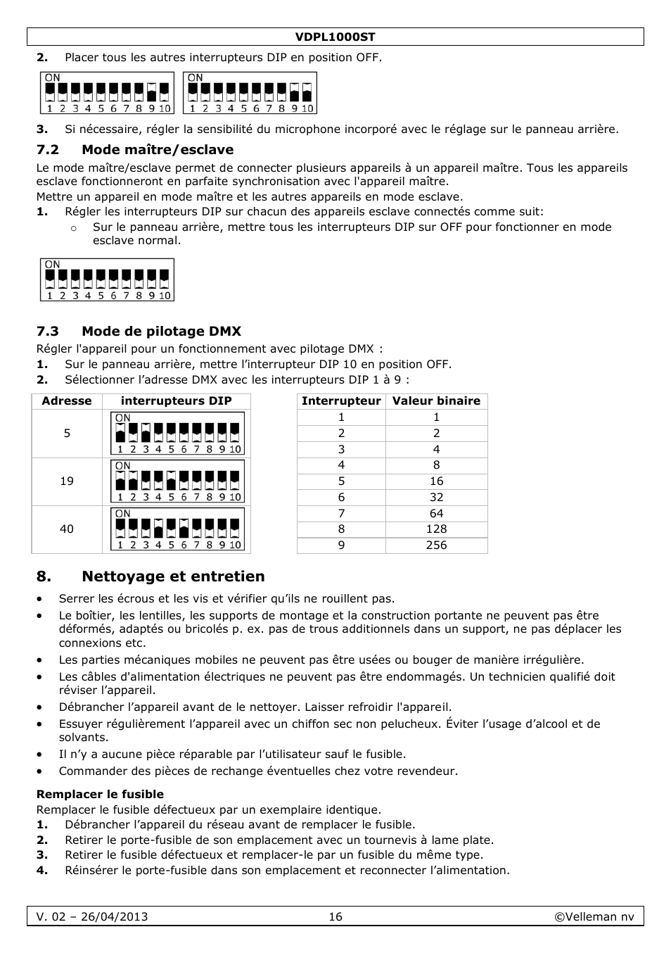 2 mode maître/esclave, 3 mode de pilotage dmx, Nettoyage et entretien | Remplacer le fusible | Velleman VDPL1000ST User Manual | Page 16 / 29