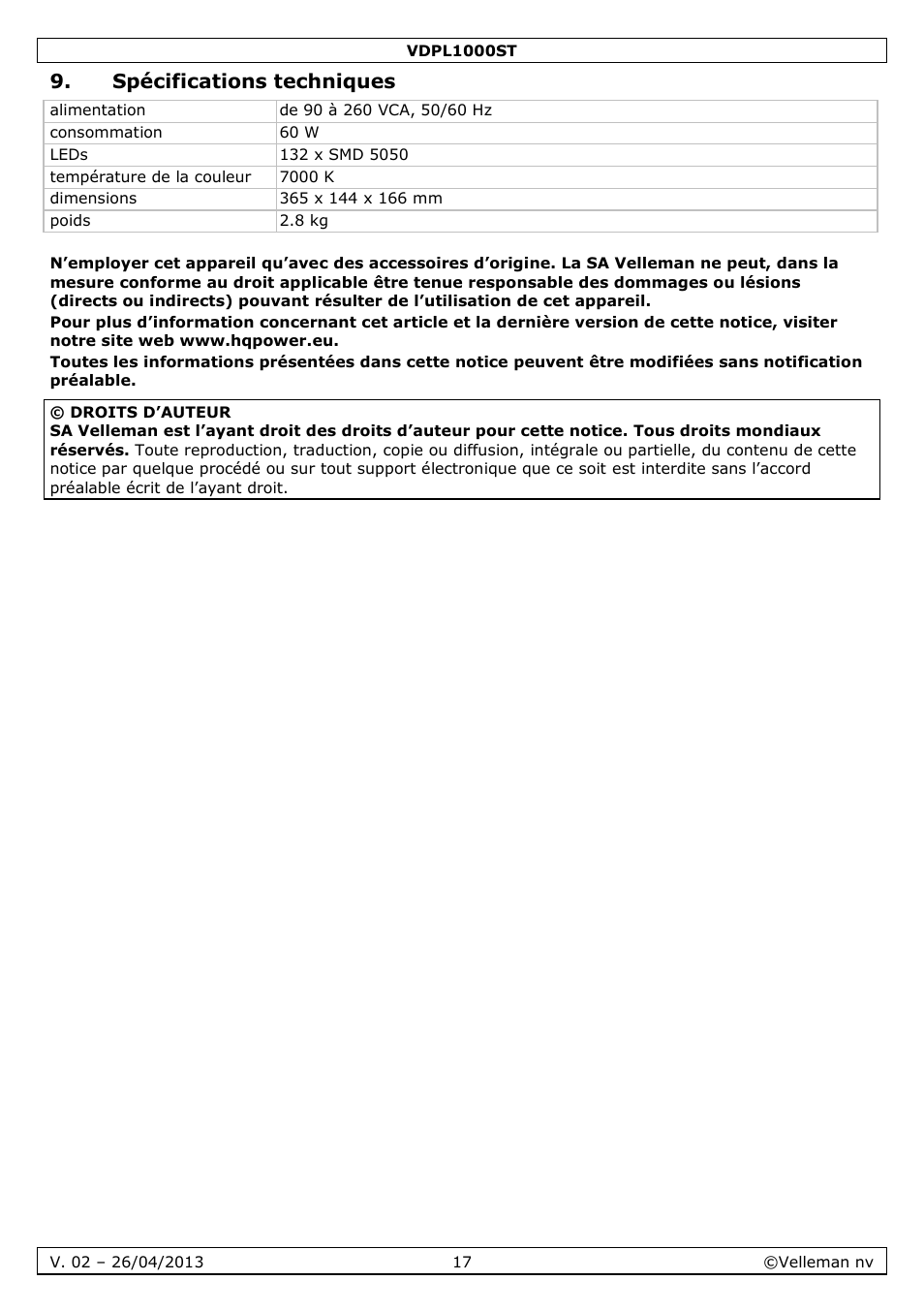Spécifications techniques | Velleman VDPL1000ST User Manual | Page 17 / 29