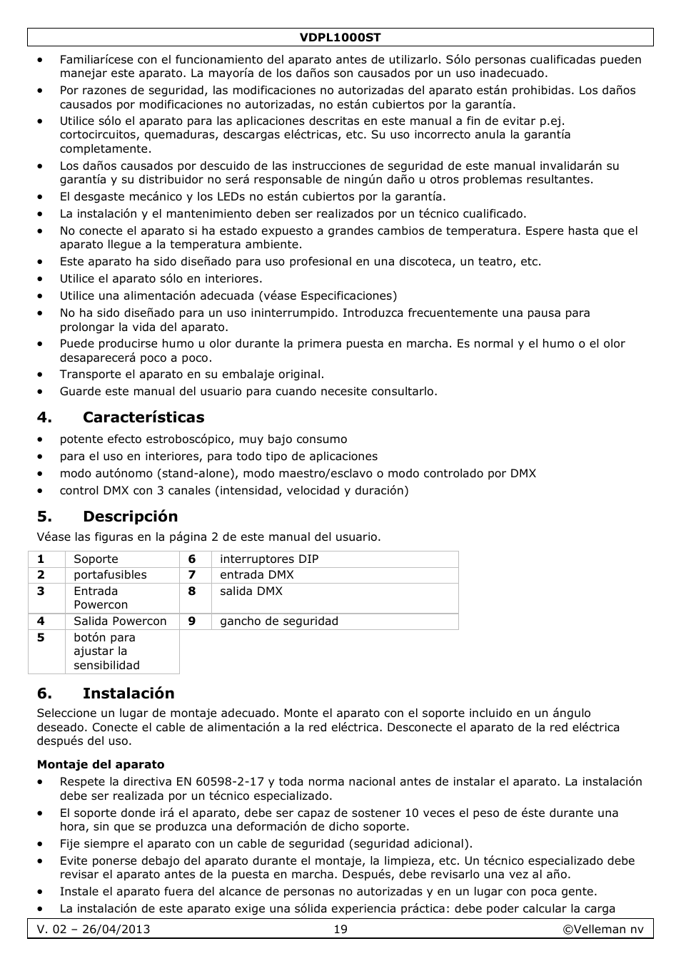 Características, Descripción, Instalación | Montaje del aparato | Velleman VDPL1000ST User Manual | Page 19 / 29