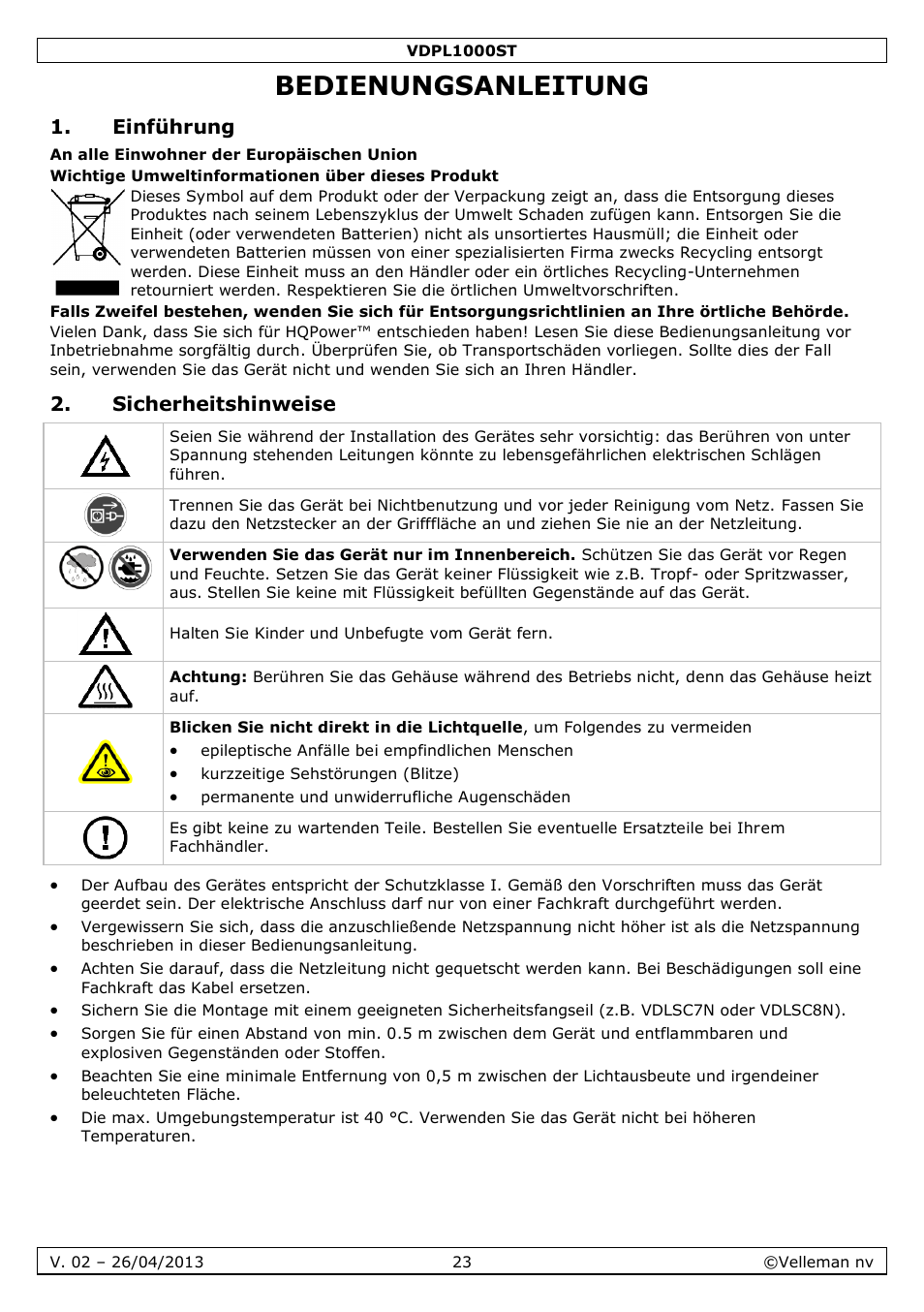 Bedienungsanleitung, Einführung, Sicherheitshinweise | Velleman VDPL1000ST User Manual | Page 23 / 29
