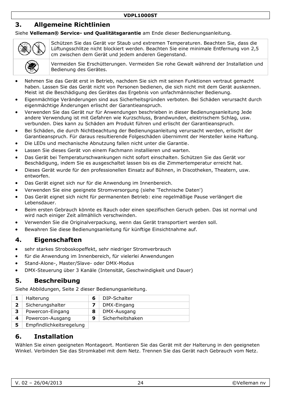 Allgemeine richtlinien, Eigenschaften, Beschreibung | Installation | Velleman VDPL1000ST User Manual | Page 24 / 29