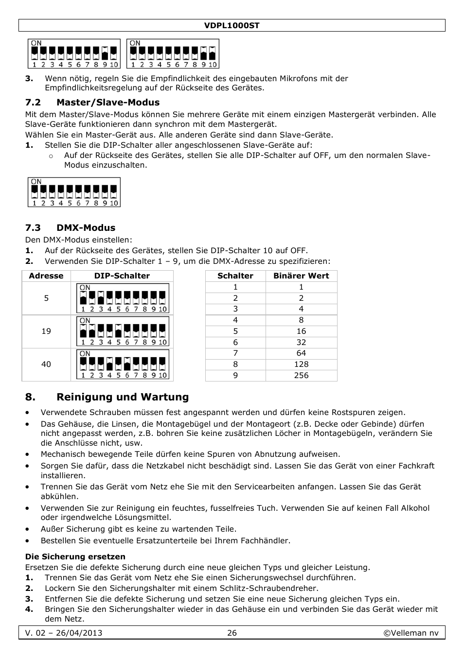 2 master/slave-modus, 3 dmx-modus, Reinigung und wartung | Die sicherung ersetzen | Velleman VDPL1000ST User Manual | Page 26 / 29