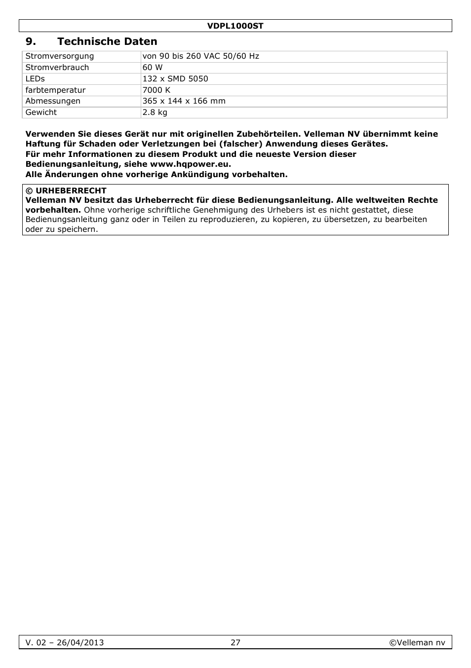 Technische daten, Warranty - garantie - garantia | Velleman VDPL1000ST User Manual | Page 27 / 29