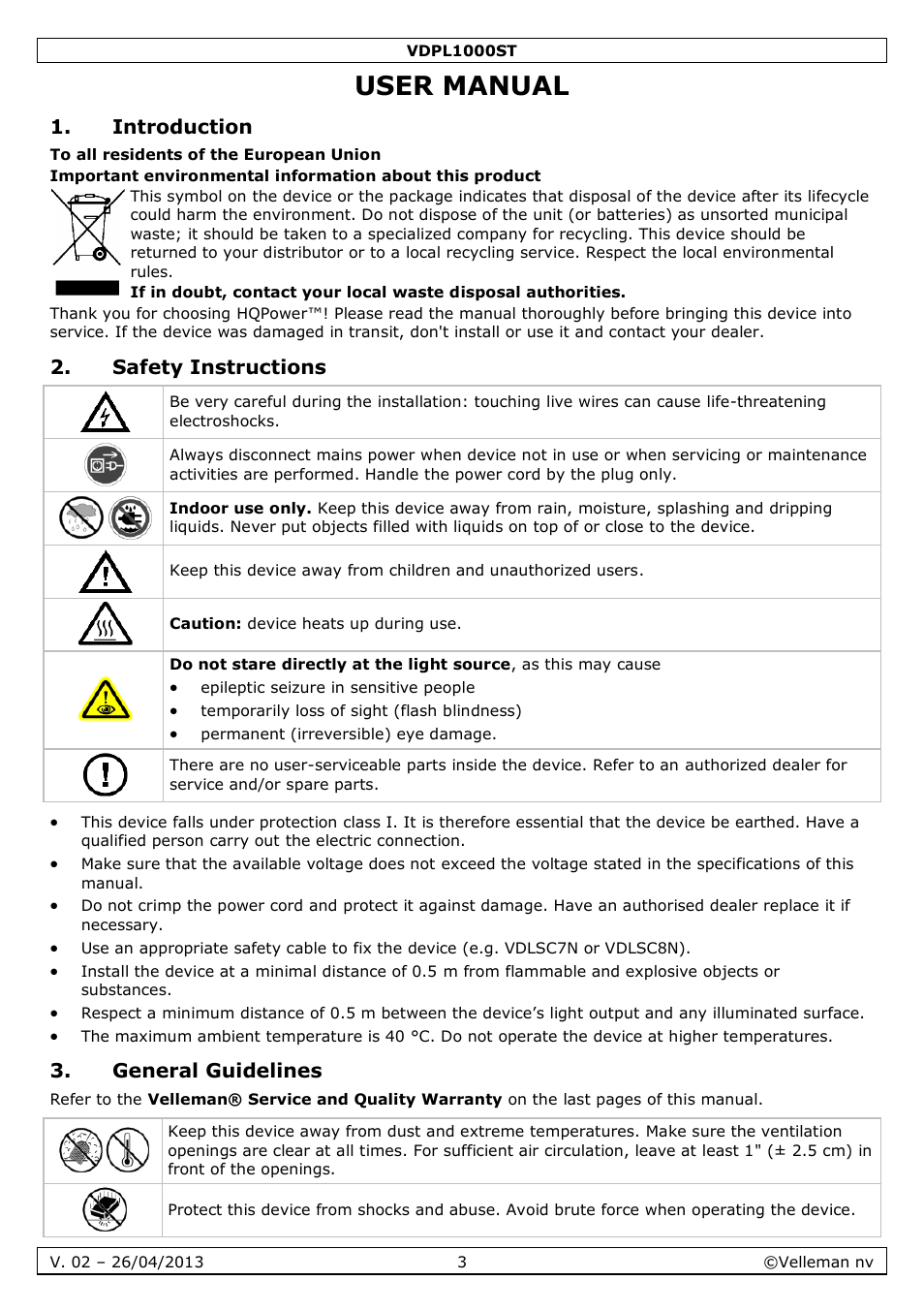 User manual, Introduction, Safety instructions | General guidelines | Velleman VDPL1000ST User Manual | Page 3 / 29