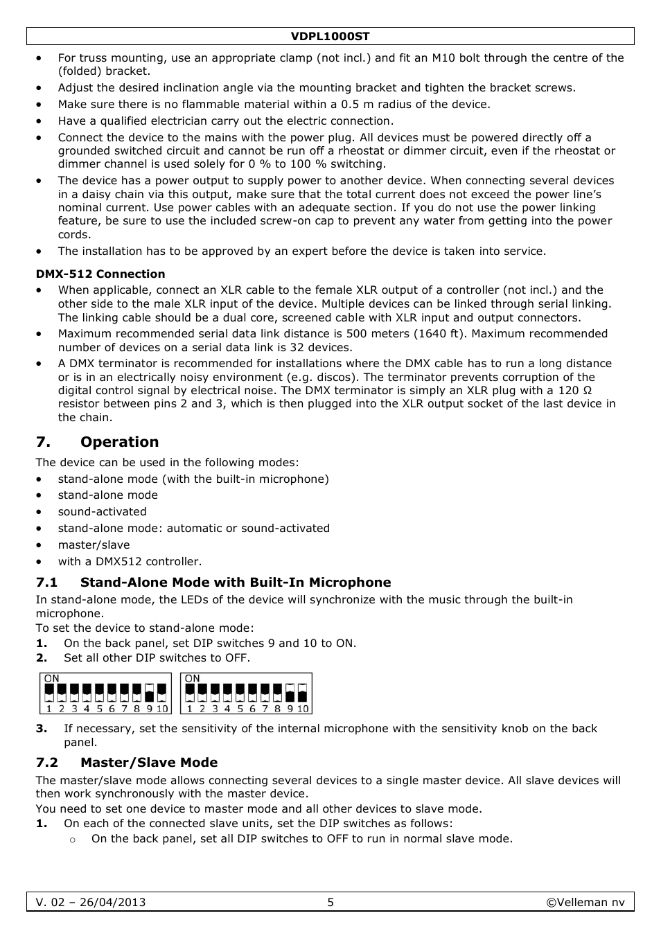 Dmx-512 connection, Operation, 1 stand-alone mode with built-in microphone | 2 master/slave mode | Velleman VDPL1000ST User Manual | Page 5 / 29