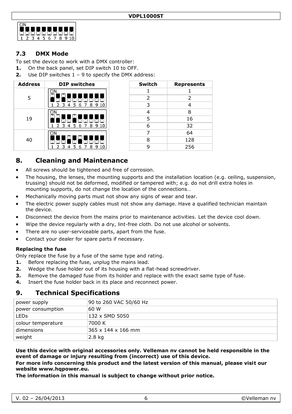 3 dmx mode, Cleaning and maintenance, Replacing the fuse | Technical specifications | Velleman VDPL1000ST User Manual | Page 6 / 29