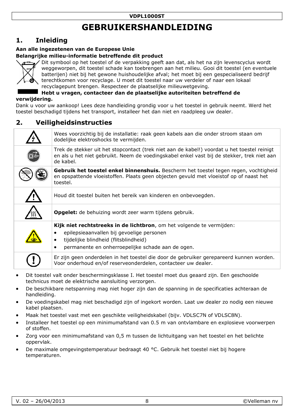 Gebruikershandleiding, Inleiding, Veiligheidsinstructies | Velleman VDPL1000ST User Manual | Page 8 / 29