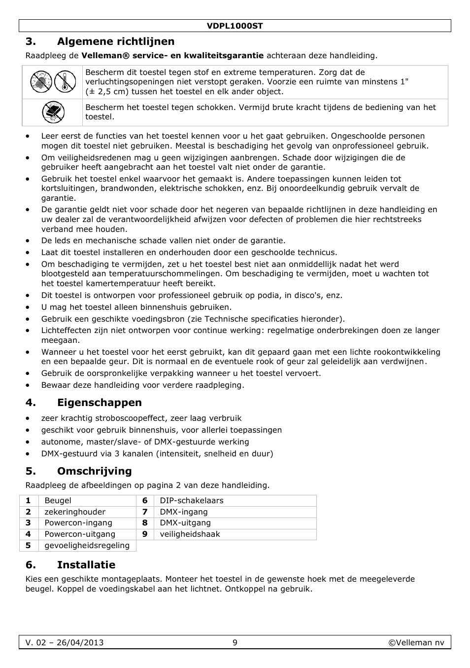 Algemene richtlijnen, Eigenschappen, Omschrijving | Installatie | Velleman VDPL1000ST User Manual | Page 9 / 29